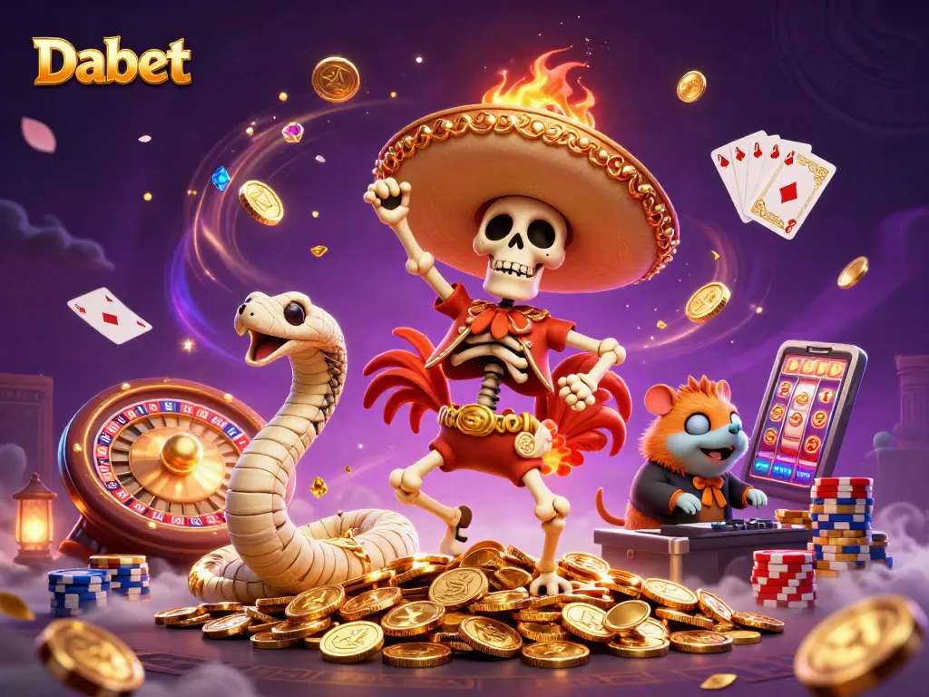 Dabet celebrates winnings with a colorful 3D scene featuring a festive rooster, dynamic casino elements, and vibrant animations.