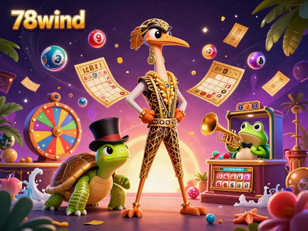Join the exciting 78wind world with vibrant lottery elements and playful characters in a lively casino scene.