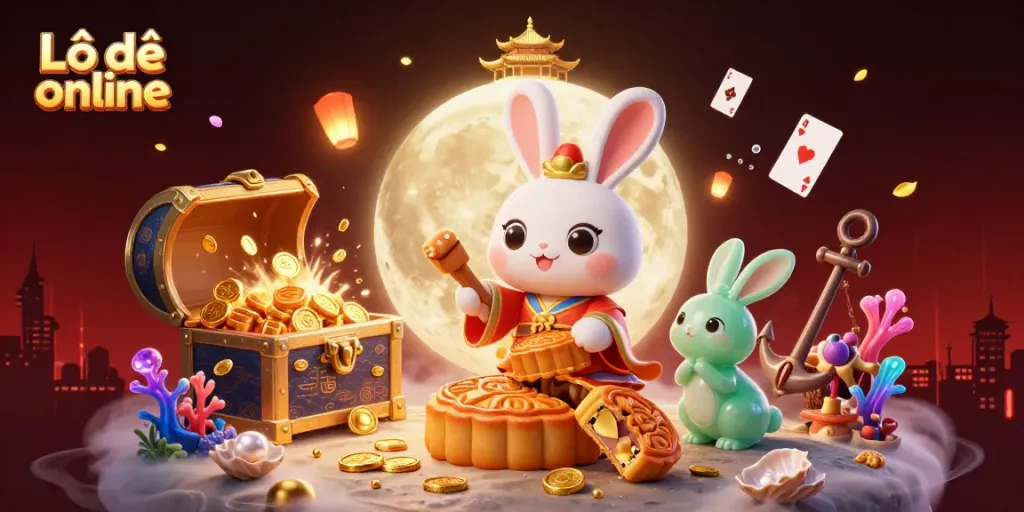 Engage in Lô đề online with this colorful 3D illustration of a moon rabbit revealing poker chips.