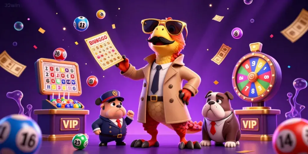 Experience the excitement of 32win with animated raptors at a VIP casino, colorful lottery elements abound.