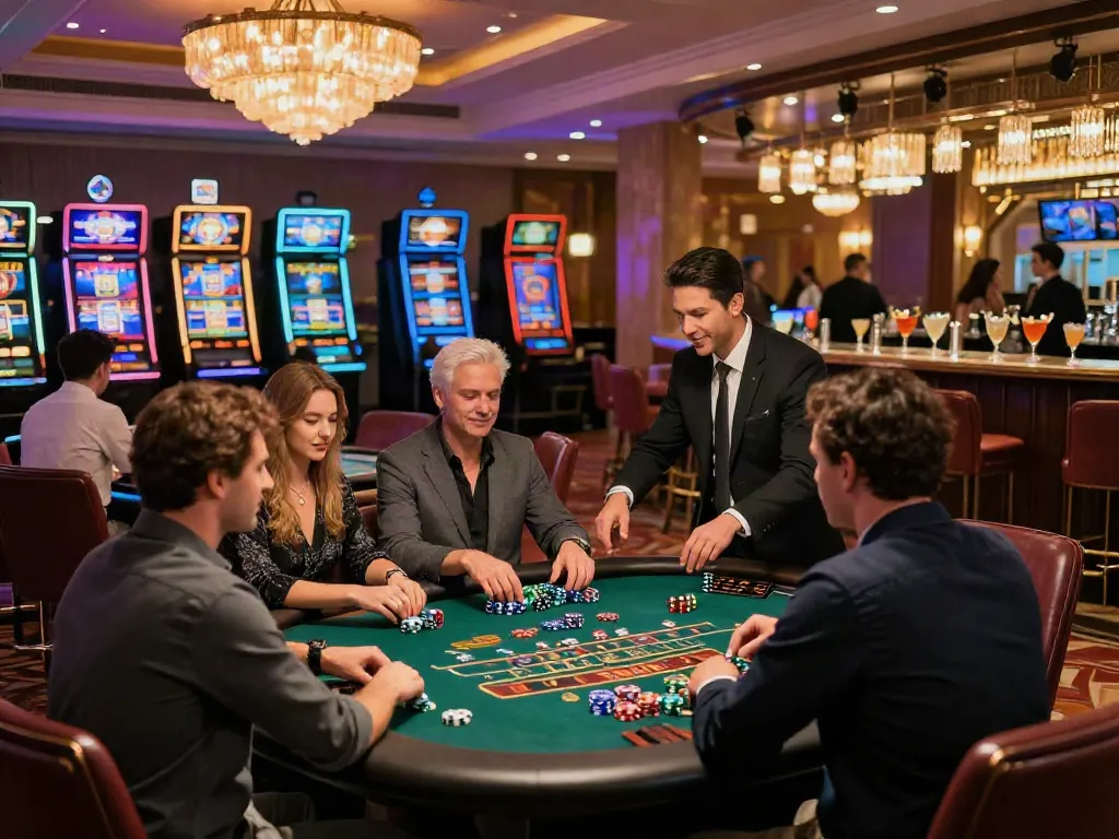 Vue immersive du casino Dragonia mettant en avant des joueurs s'amusant sur des tables de jeux, ambiance dynamique et lumineuse sur https://studiobarw.com/.