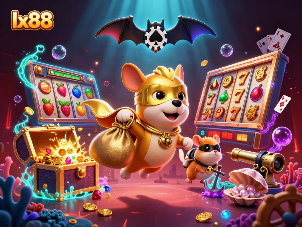 Experience thrilling wins with lx88 in this vibrant 3D casino adventure illustration.