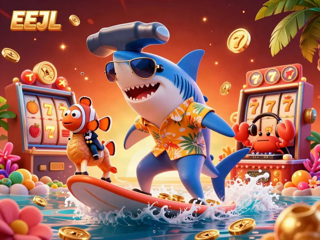 Experience the thrill of EEJL casino gaming with a vibrant 3D scene of fun characters and slot machines!