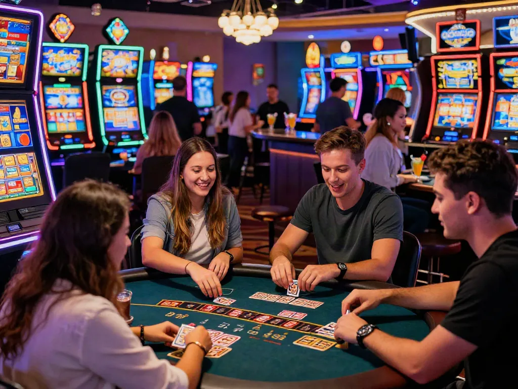 Casino en ligne animée avec des amis jouant aux machines à sous et aux jeux de table.