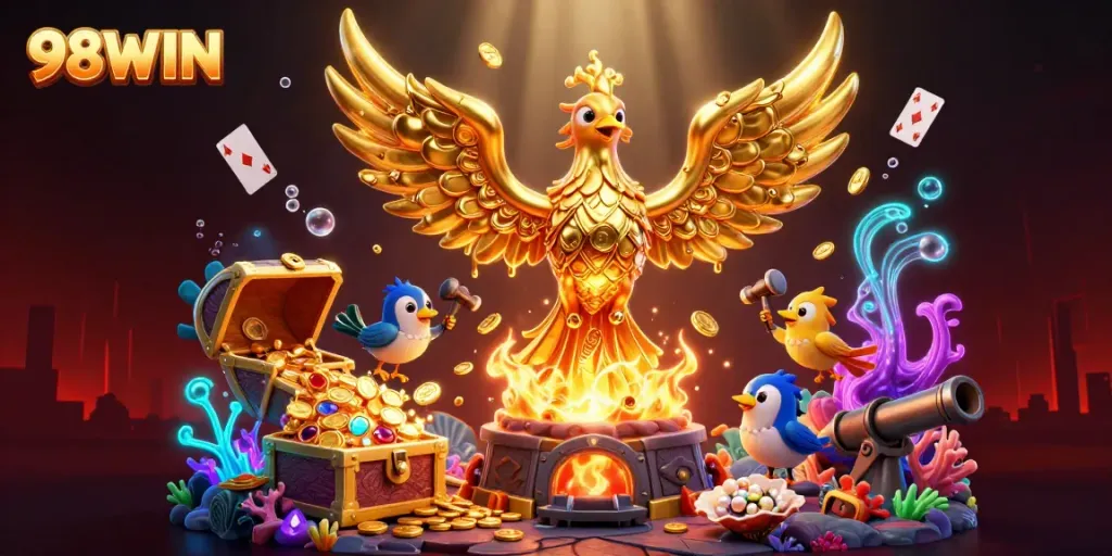 Experience thrilling gameplay at 98WIN with captivating golden phoenix and interactive casino elements.
