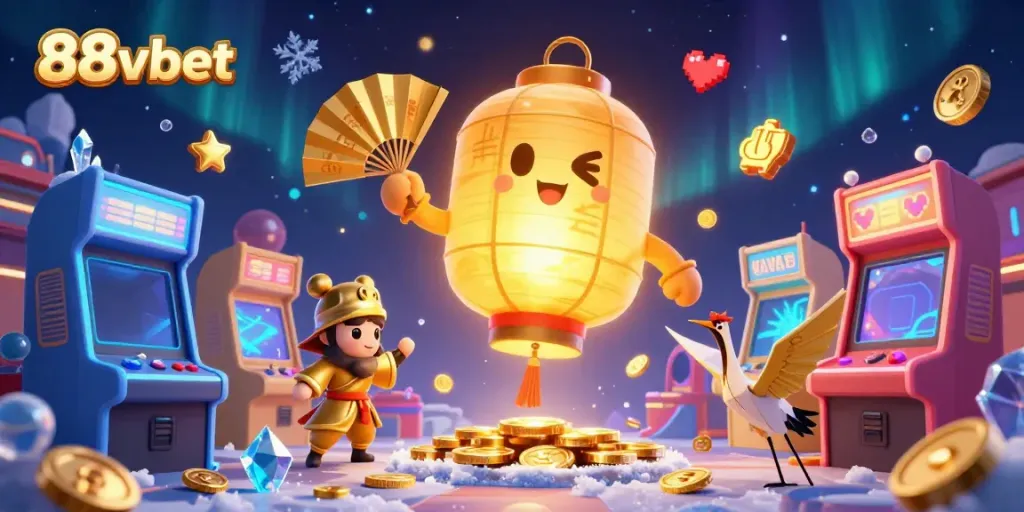 Experience the immersive world of 88vbet with a vibrant casino scene featuring a golden lantern spirit and arcade elements.