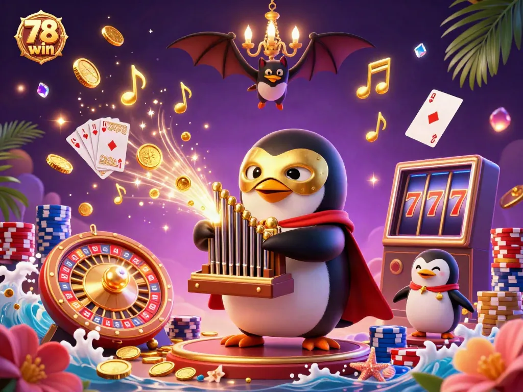 Experience the thrill with 78 win at this casino scene, featuring a captivating penguin playing a golden organ amidst vibrant gambling elements.