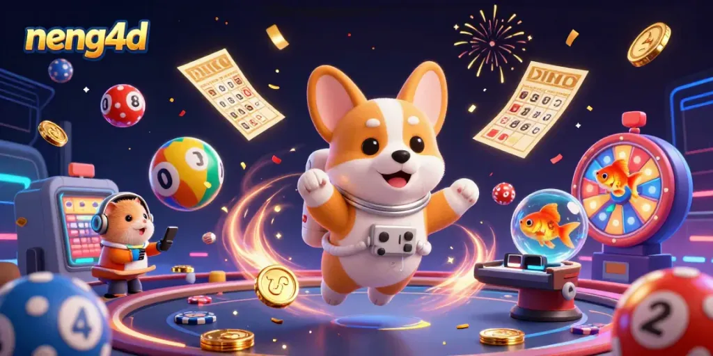 Menghadirkan energi permainan di NENG4D dengan corgi astronot dan bola lotere yang mengapung, menjadikan pengalaman gaming lebih seru.