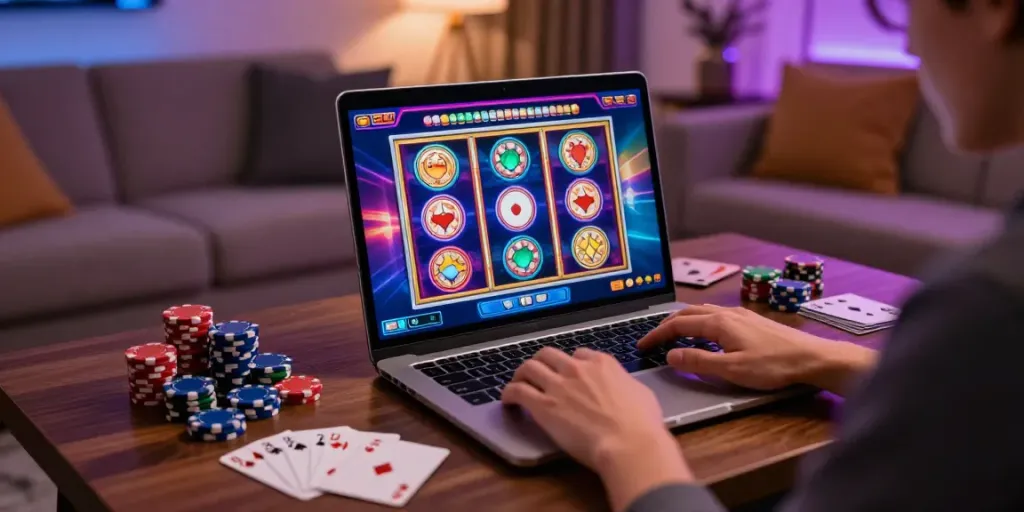 Bonus casino sans dépôt : joueur s'amusant avec des jeux en ligne dans un salon confortable, ambiance festive.