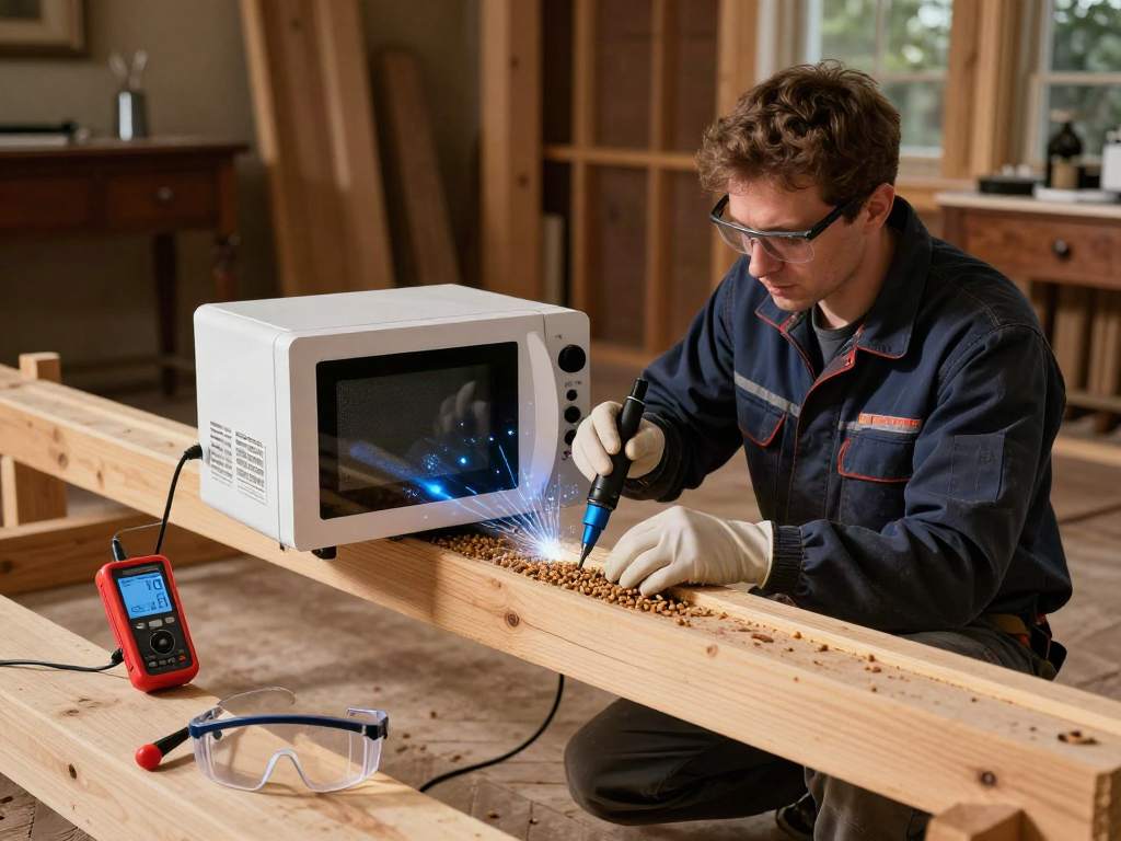 Traitement de bois avec Shashel® pour éliminer les larves de vers à bois dans une maison historique.
