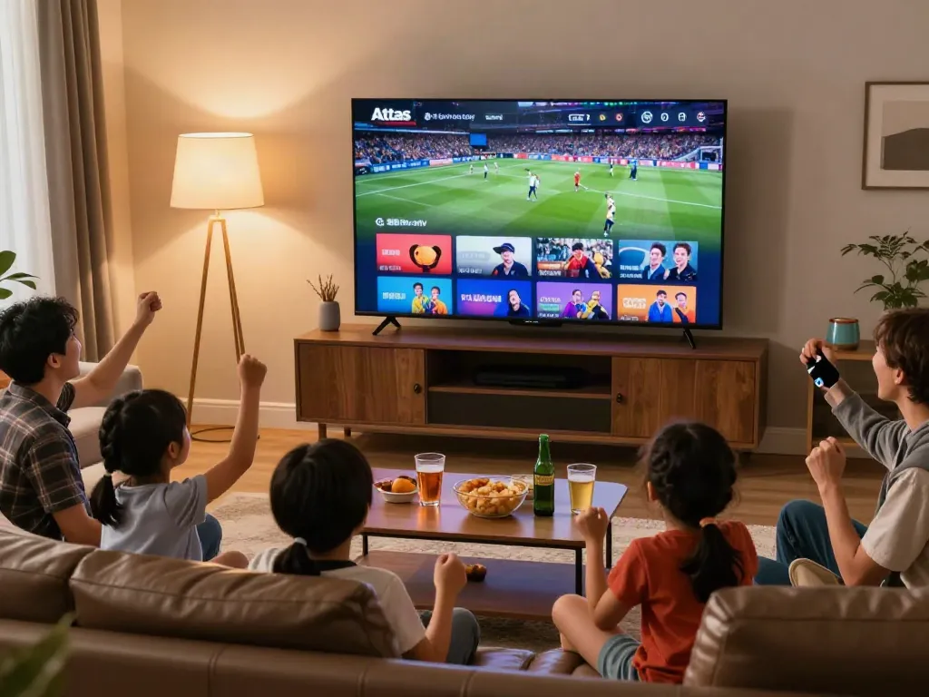 Famille profitant de l'Atlas pro ontv dans un salon confortable avec une ambiance chaleureuse.
