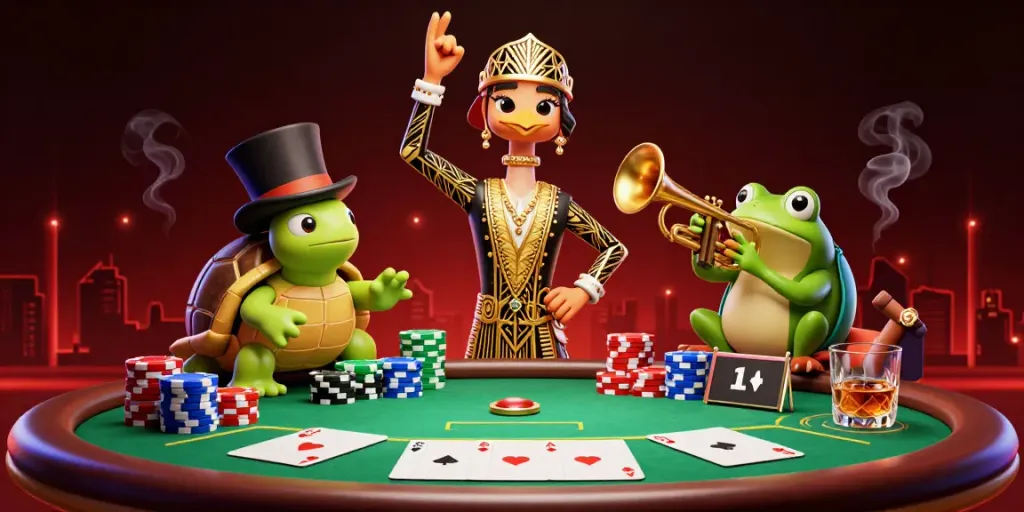 Experience thrilling play at casino uden dansk licens with vibrant 3D characters at a lively poker game.
