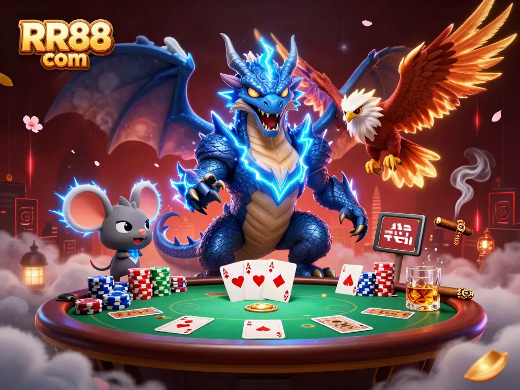 Experience thrilling poker action with RR88 com's vibrant casino illustration featuring dynamic characters.