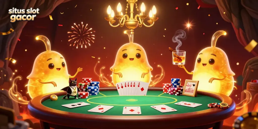Situs slot gacor illustration with cartoon worms lighting up a casino, showcasing poker elements.
