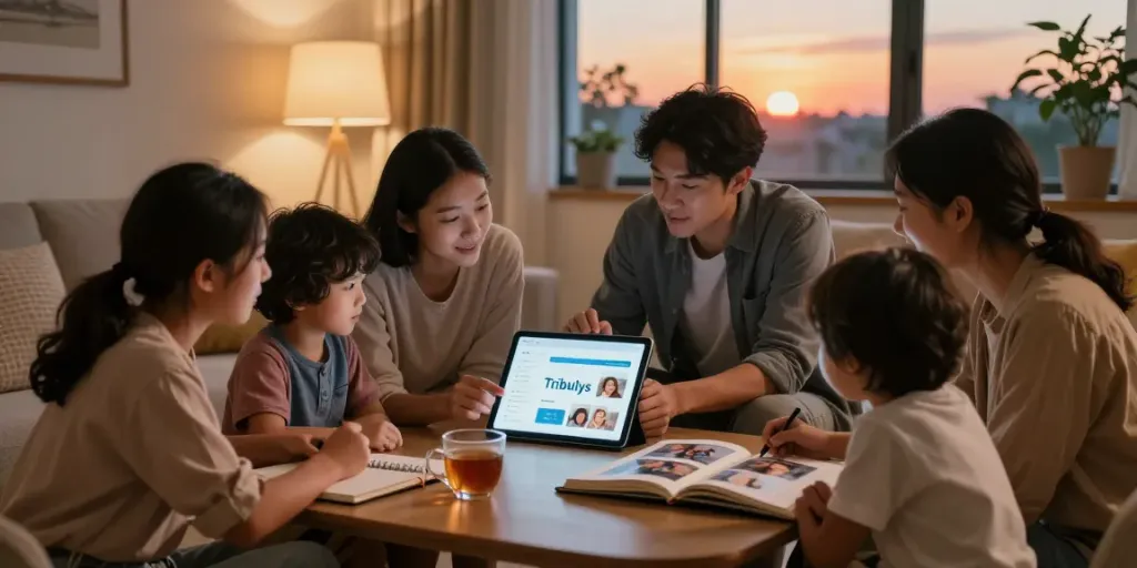 Coordination des soins avec Tribulys via l'application, réunissant famille et aidants.