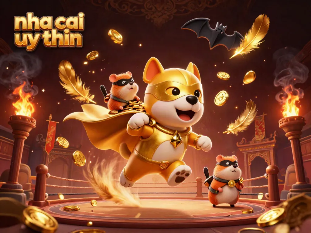 Experience the dynamic adventure of nha cai uy tin with a superhero dog and hamster amidst gold coins and casino elements.