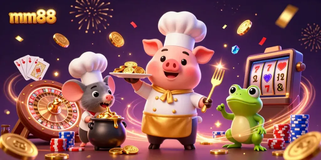 Experience MM88's exciting casino atmosphere with a dazzling scene of fun characters and gaming elements.