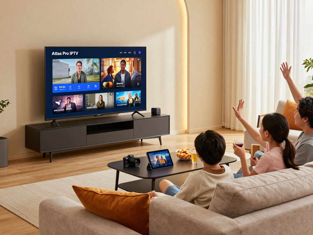 Famille profitant d'Atlas Pro sur Smart TV dans un salon confortable.