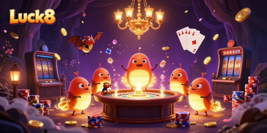 Experience the vibrant glow and excitement of Luck8's casino scene featuring animated glowworms and immersive gambling elements.
