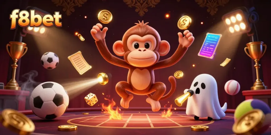 Engage in thrilling gaming with f8bet's lively haunted casino scene featuring golden objects and playful ghostly characters.