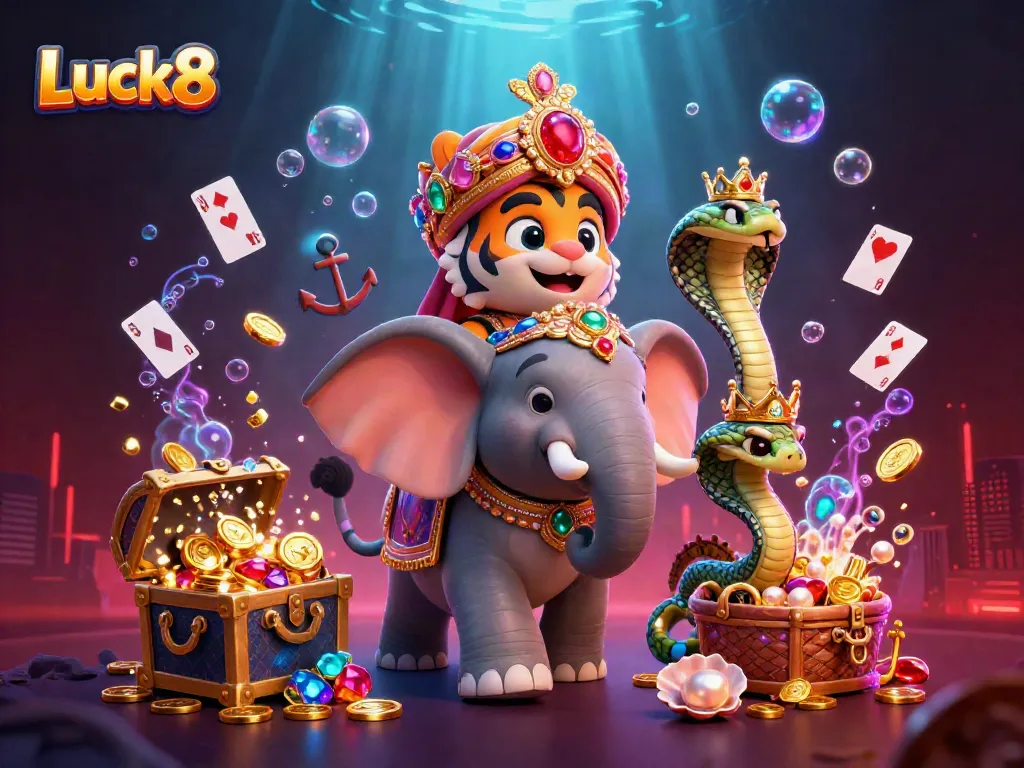 Engage with the vibrant Luck8 casino scene featuring a maharaja, elephant, and glowing treasures.