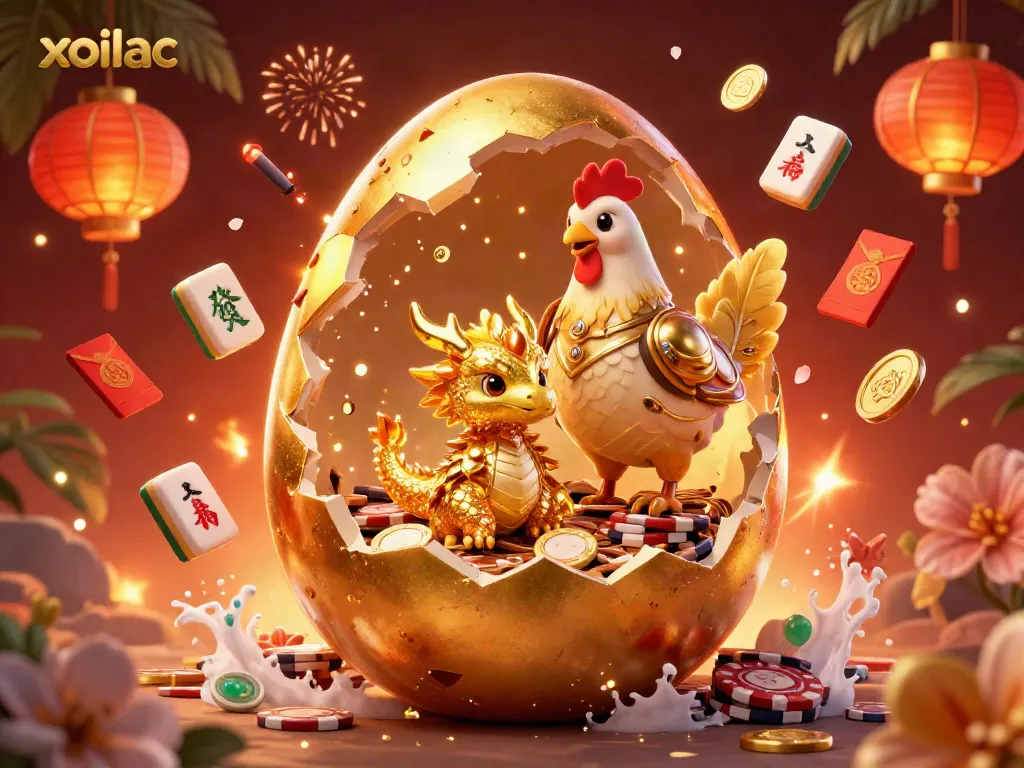 Experience thrilling moments at xoilac with a dazzling golden dragon on poker chips amidst festive decorations.