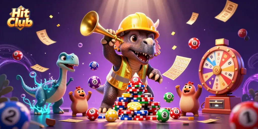 Hit Club's exciting casino atmosphere with animated triceratops and colorful lottery elements.