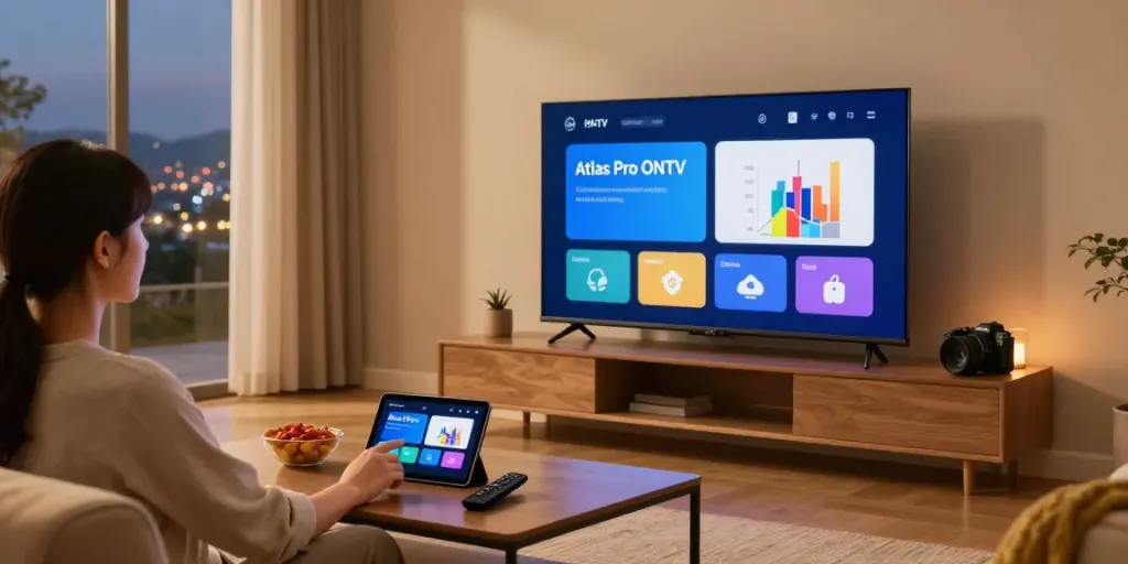 Visuel de l'application Atlas Pro ONTV sur un Smart TV dans un salon moderne, ambiance chaleureuse.
