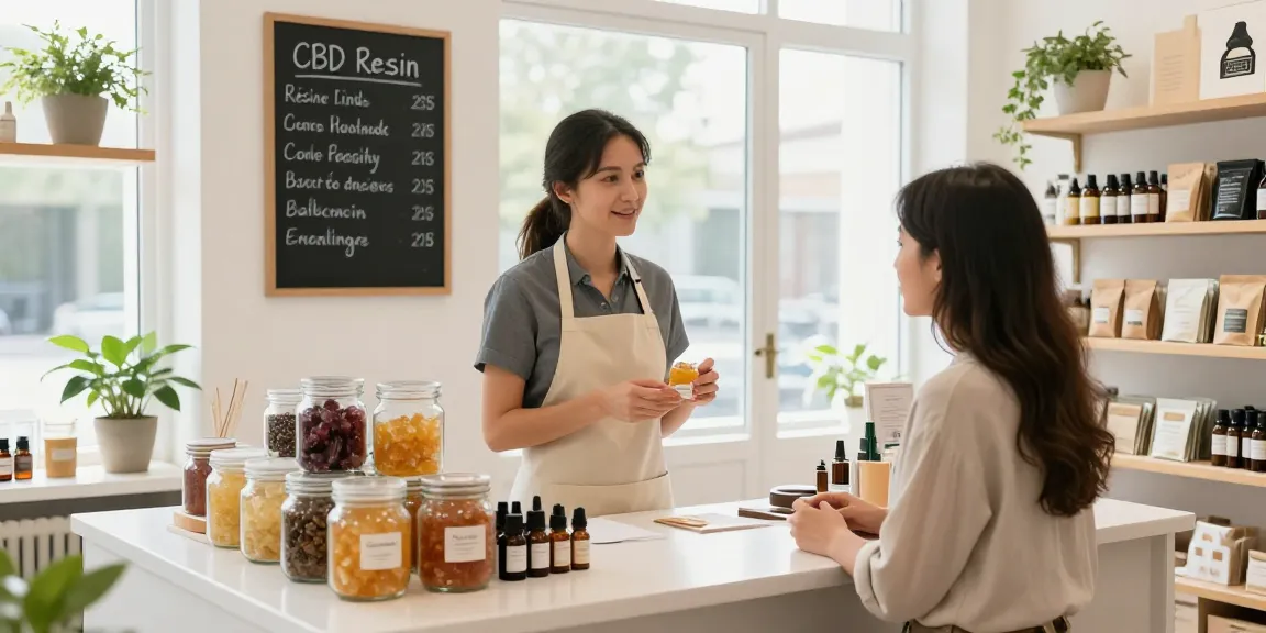 Customer exploring various types of résine cbd in a bright and welcoming CBD shop.