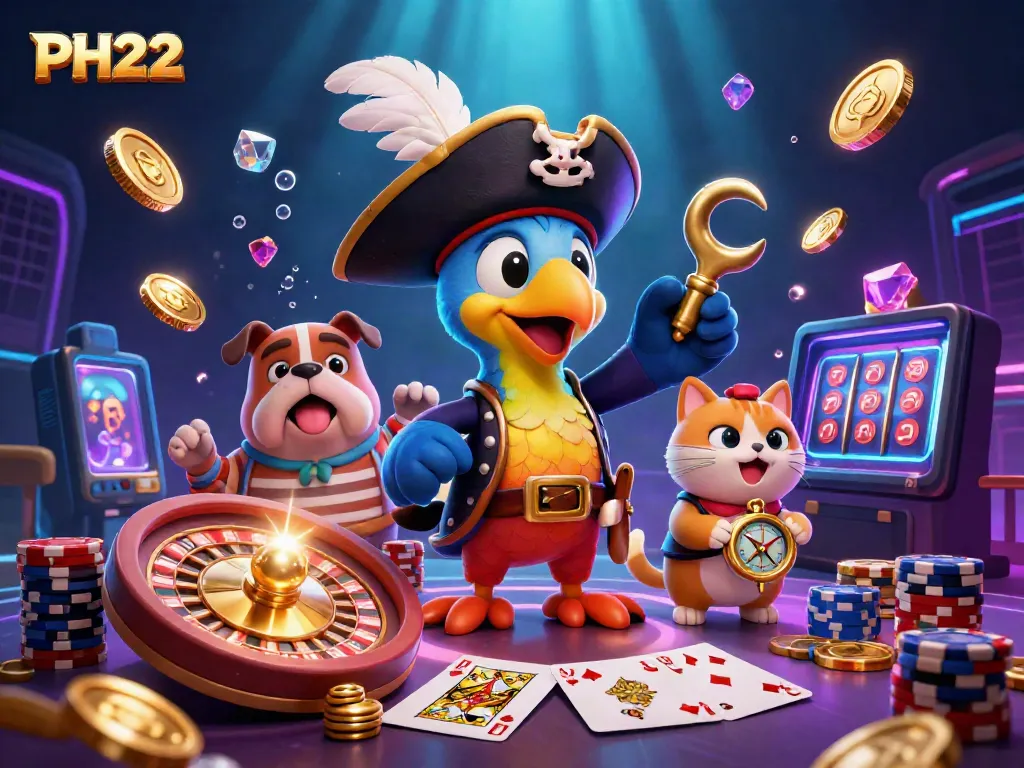 Experience thrilling wins at PH222 with a dynamic 3D illustration featuring colorful casino elements.