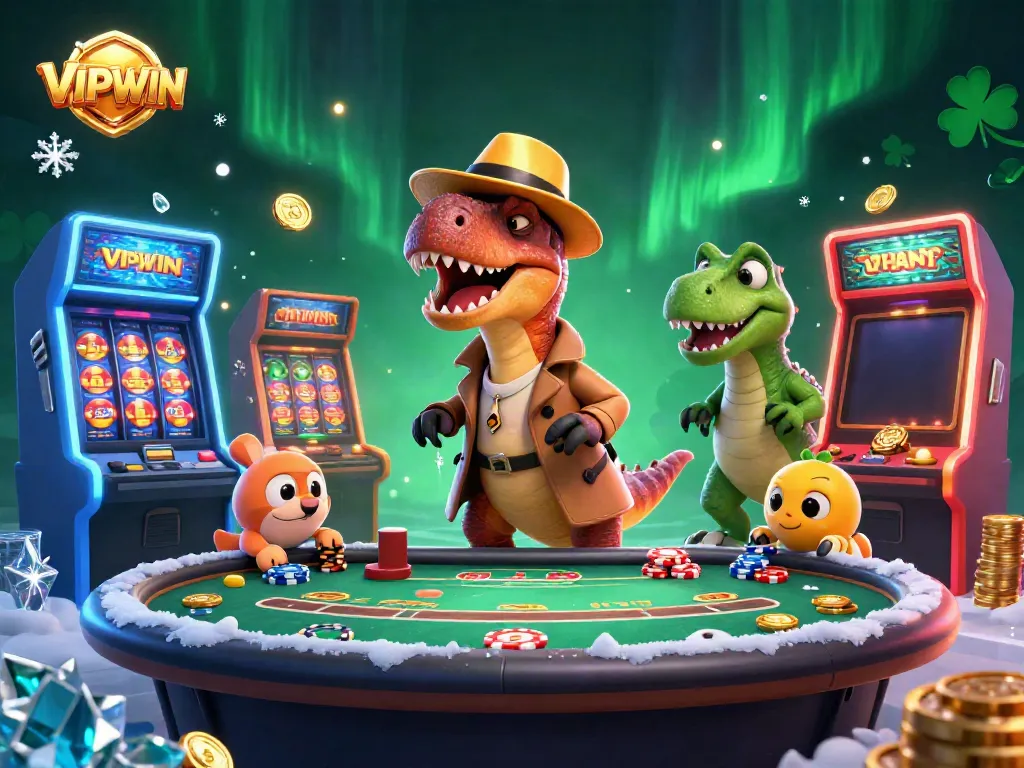 Experience thrilling gameplay at VIPWIN with cartoon dinosaurs enjoying blackjack and slots.