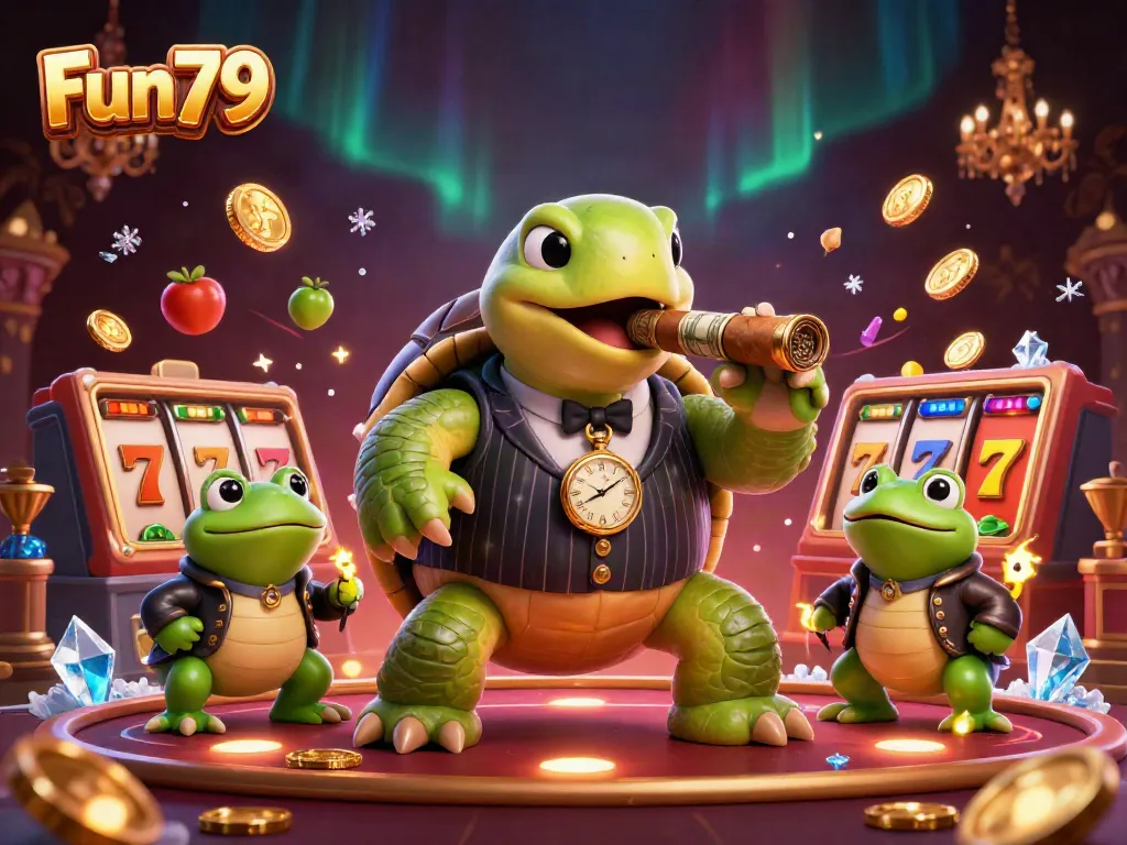Experience thrilling wins at Fun79 with this vibrant scene of a cartoon turtle in casino attire amidst dynamic slot elements.