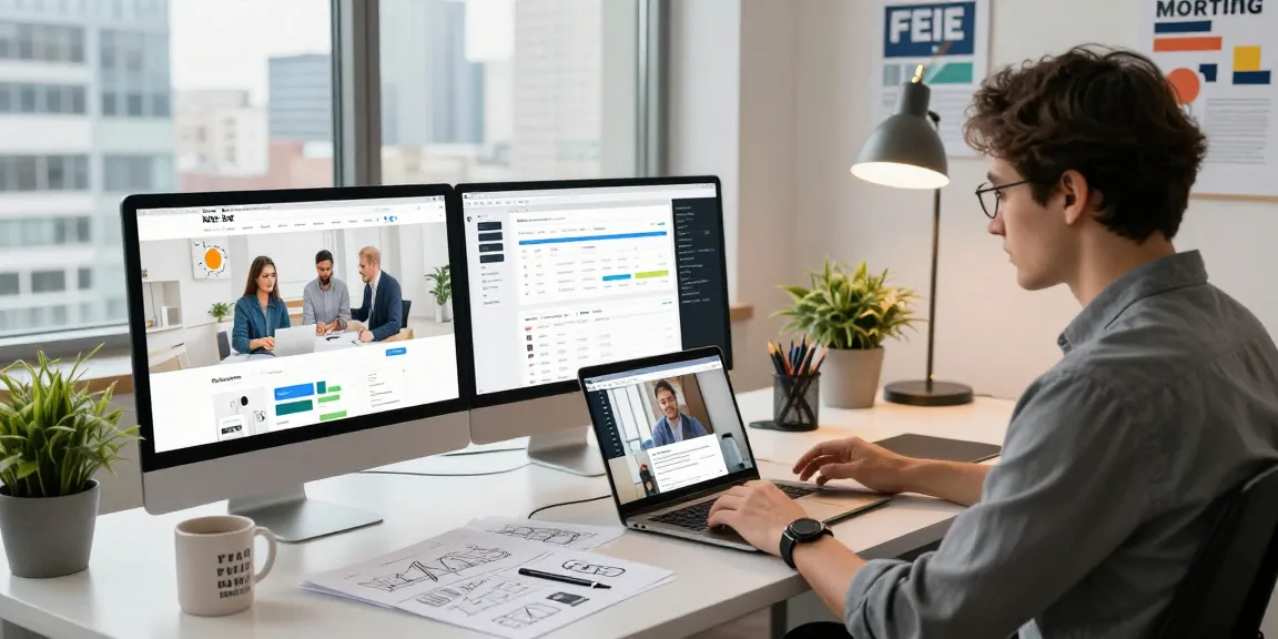 Sanumwebdesign, designer numérique travaillant sur un bureau moderne avec des écrans affichant un site web et des outils SEO.