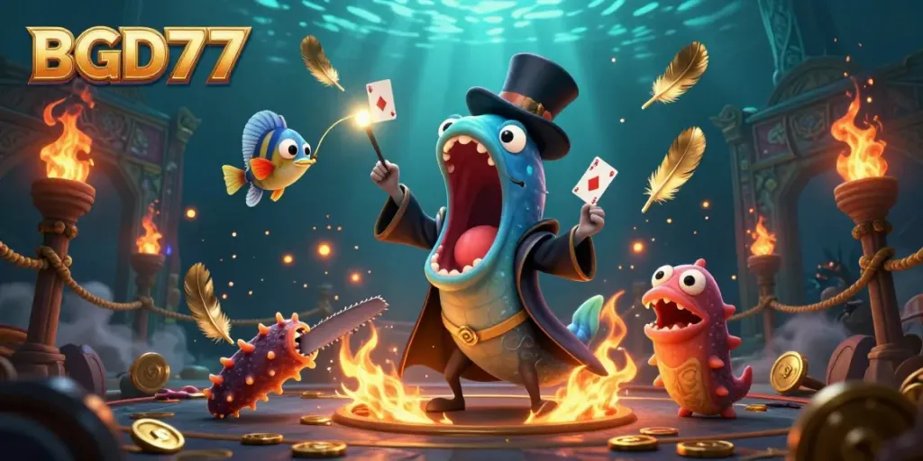 Experience magical gambling vibes at BGD77 with dynamic underwater characters and captivating casino elements.