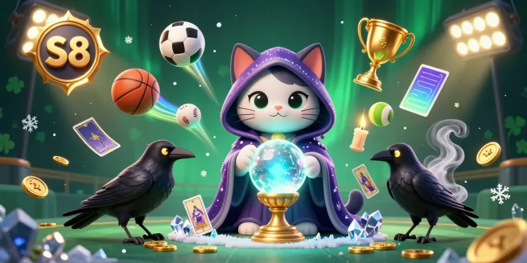 Experience the magic of S8's gambling world with a mystical cat and sports elements in an enchanting digital illustration.