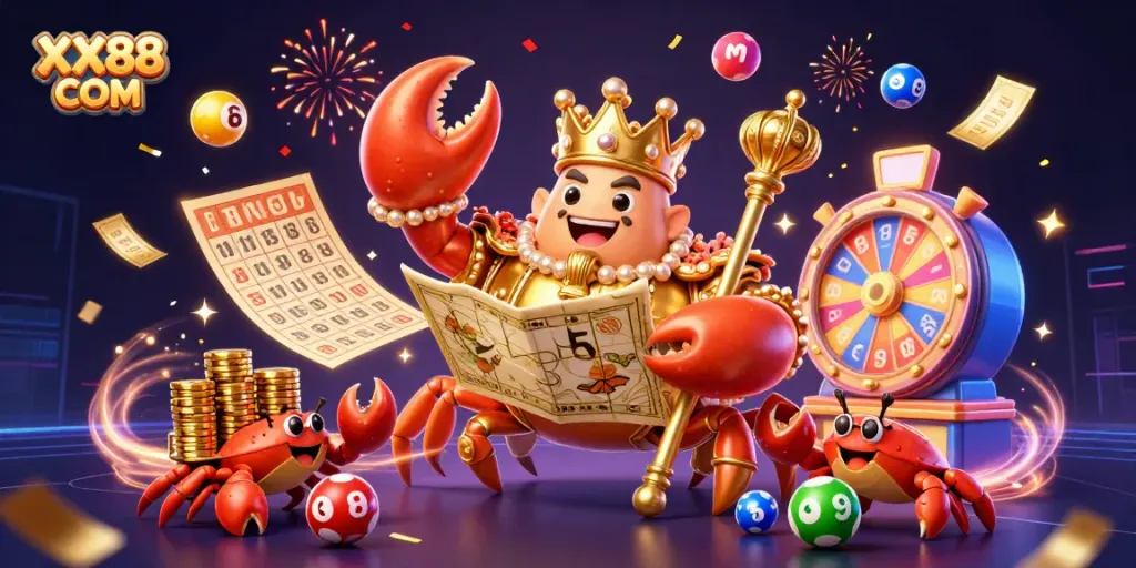 Experience exciting gaming at XX88 COM with vibrant lottery elements and a golden crab emperor as the centerpiece.