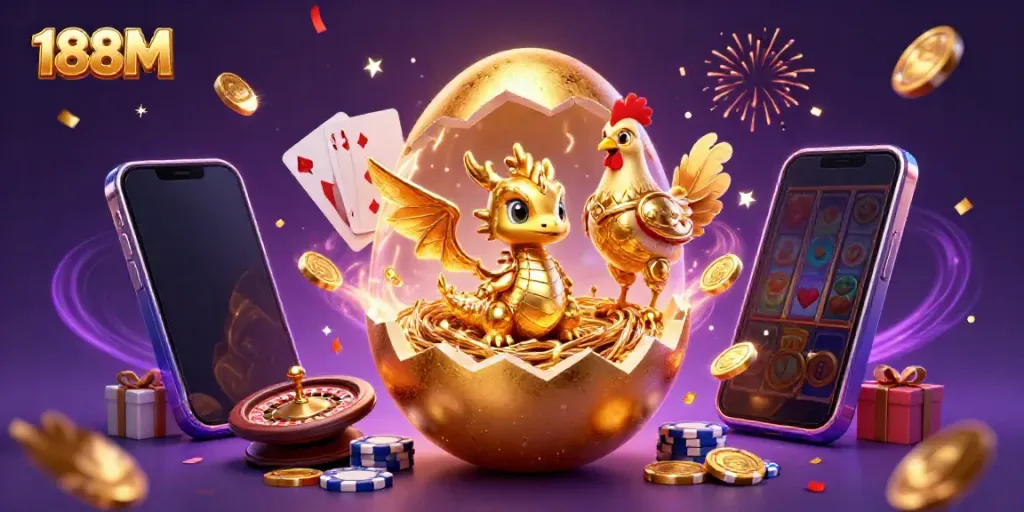 Experience the thrilling world of 188M with a golden dragon and poker chips in a vibrant casino setting.
