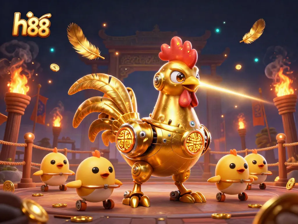 Bet big with hi 88 as the golden rooster robot dominates the futuristic casino arena.