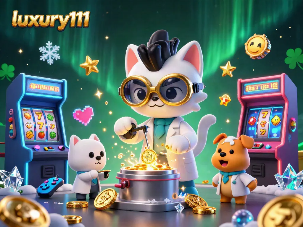 Experience luxury111 with a lively illustration showing a mad scientist cat and dog creating winning slot machines.