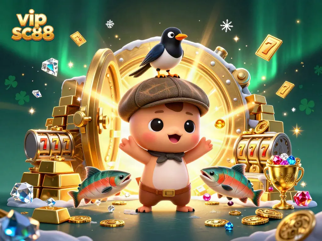 Spin to win with vip sc88 in this lively 3D casino illustration featuring cartoon characters and gold treasure!