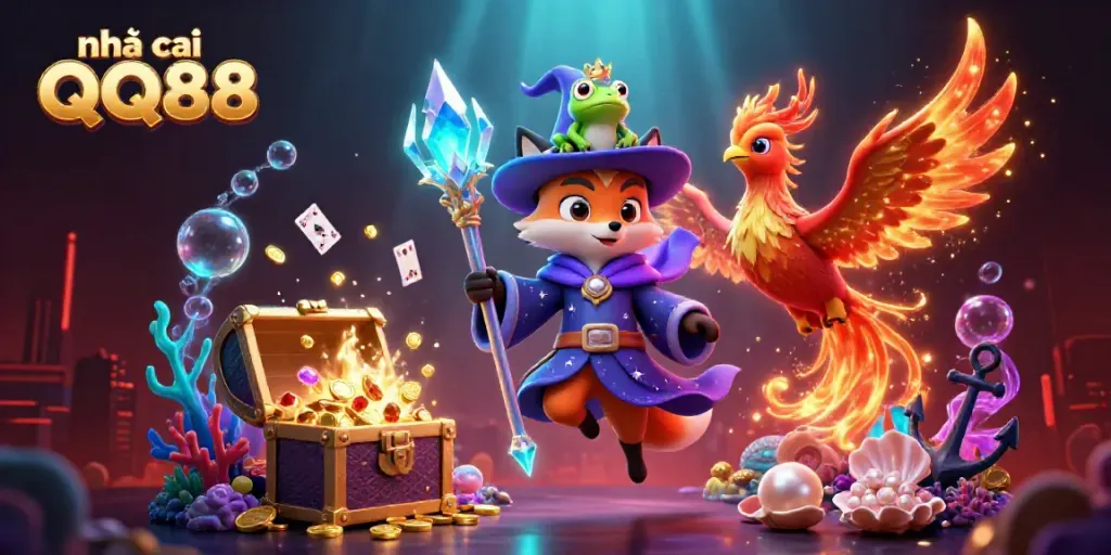 Experience the excitement of Nhà cái QQ88 with a magical 3D illustration showcasing a wizard fox, phoenix, and rich casino treasures.
